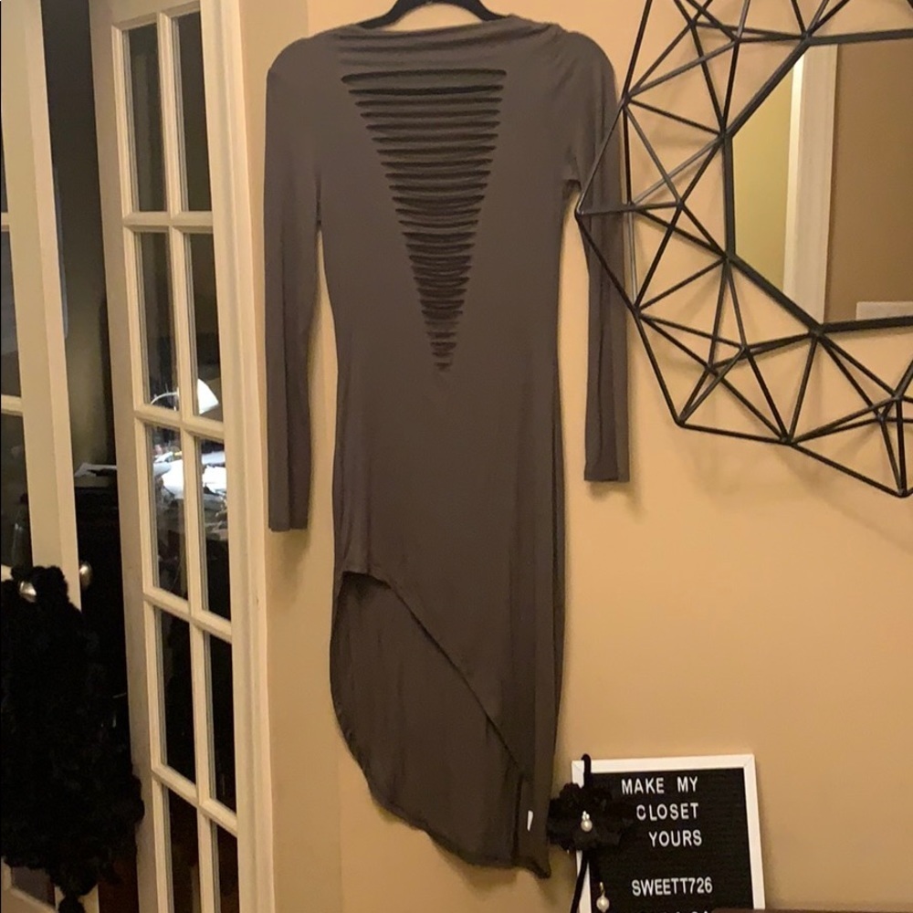 NWOT Love J Bodycon, midi length, long-sleeved, asymmetrical hem dress - Picture 5 of 9